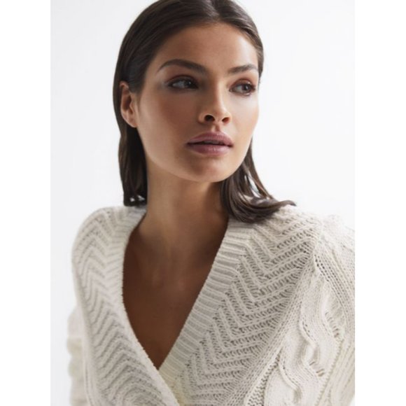 NWOT Reiss Claudine Knit Cable Shawl Neck Jumper Sweater White Ivory Cotton - Picture 5 of 9